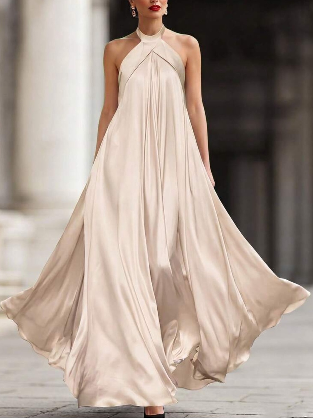 Elegant Satin Halter Maxi Dress - Cream